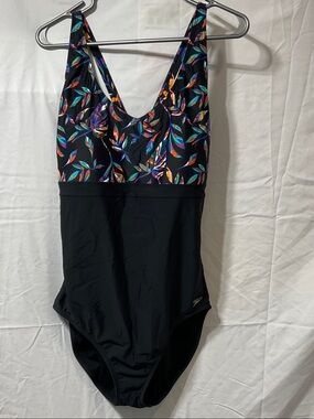 Speedo Black One-Piece Swimsuit with Multicolor Leaf Pattern